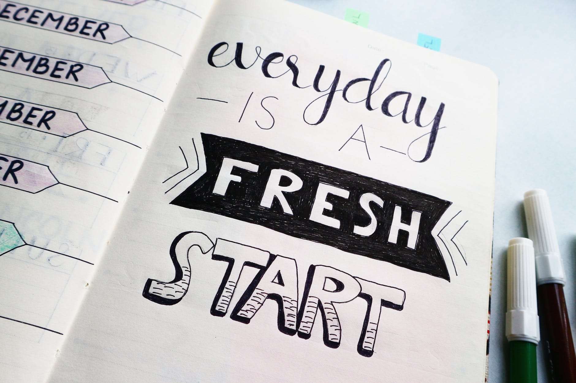 notebook page that reads, "every day is a fresh start"